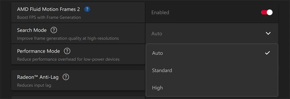 AMD Fluid Motion Frames 2 Search Mode