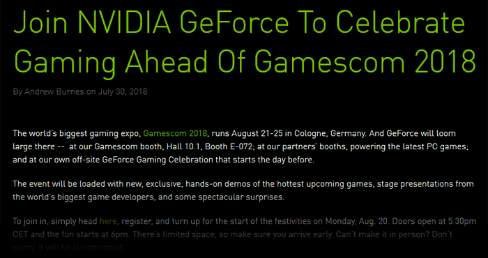 NVIDIA chce před Gamescomem odhalit "velkolepá překvapení"