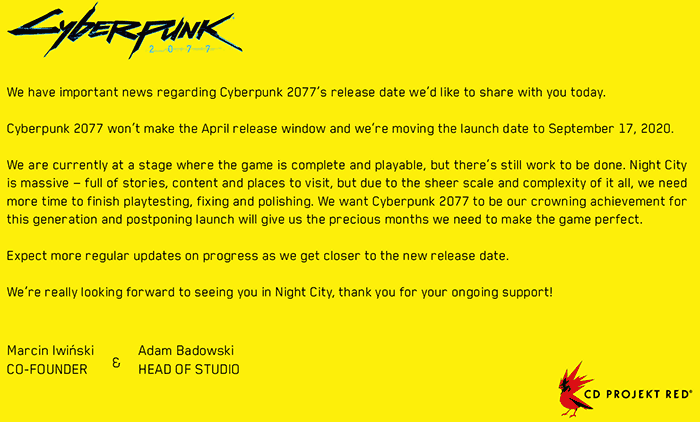 Cyberpunk 2077 letos na jaře na trh nepřijde