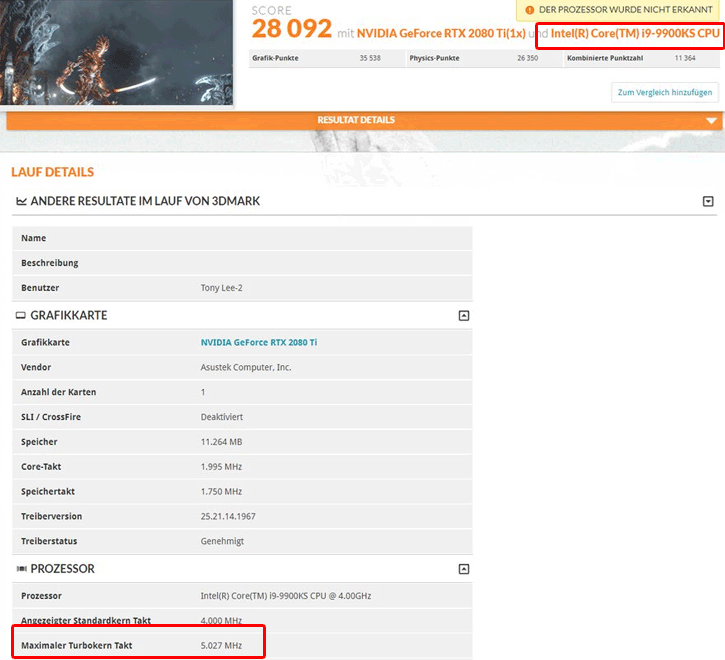 Ještě výkonnější Core i9-9900 s označením KS se objevil v 3DMarku