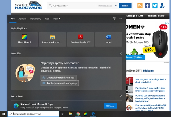 Windows 10 zobrazuje informace o COVID-19 ve vyhledávání