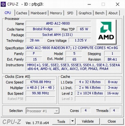 AMD Bristol Ridge A12-9800 s BOX chladičem přetaktován na 4,8 GHz