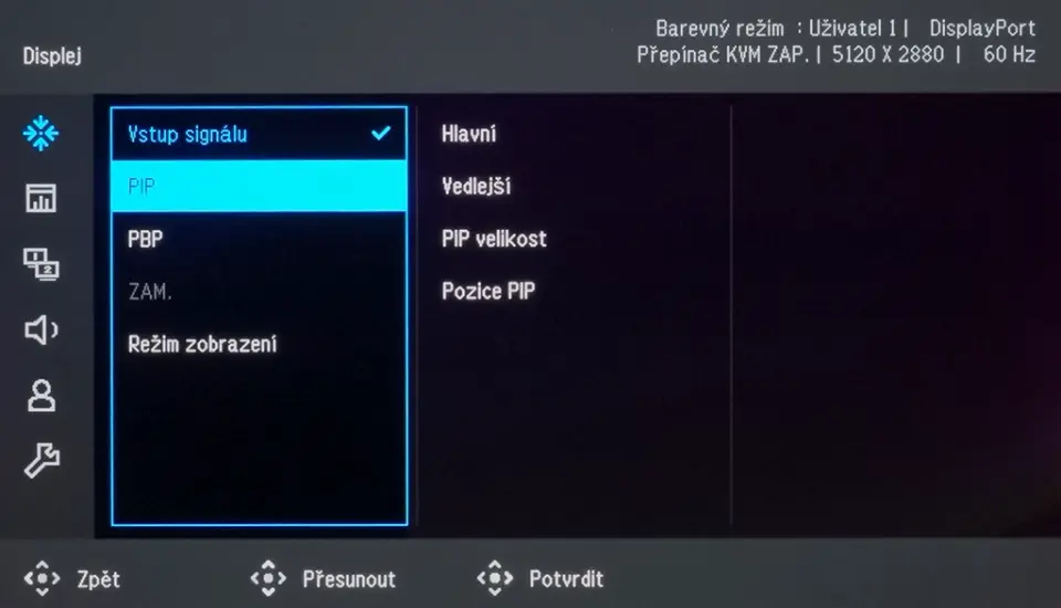 BenQ PD2730S OSD vstupy (PIP, PBP)