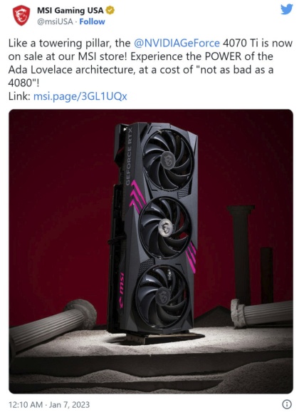 MSI propagovalo RTX 4070 Ti tím, že si dělalo legraci z vysoké ceny RTX 4080
