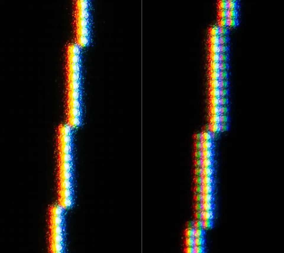 BenQ PD2730S - pixelová čára ve videu (4K 1:1 vlevo, 4K přehrávané na 5K vpravo)