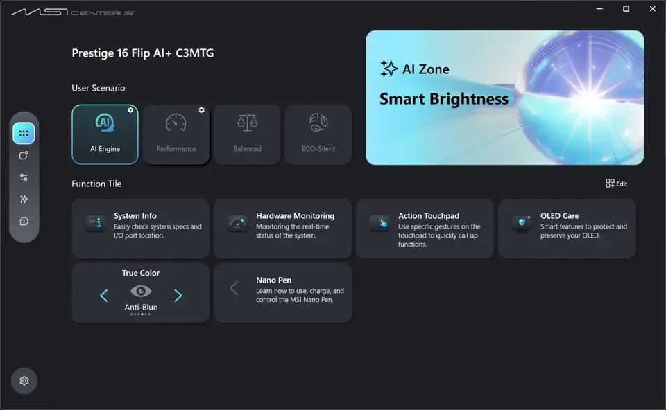 MSI Prestige 16 Flip AI+ (Intel Panther Lake / Core Ultra 9 386H): MSI Center S (Profily napájení a chlazení)