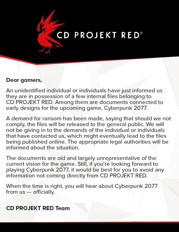CD Projekt Red dává vědět, že zlodějským vyděračům neustoupí