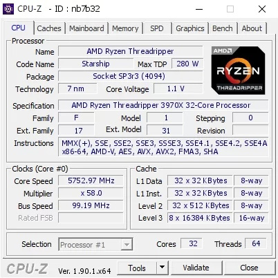 AMD Threadripper 3970X přetaktován na 5,75 GHz. Na všech 32 jádrech