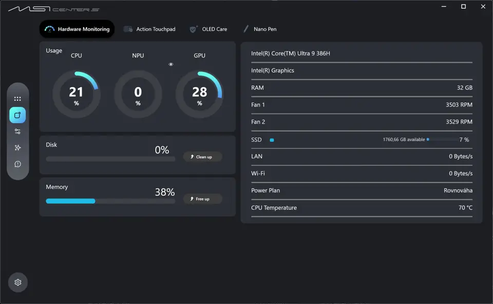 MSI Prestige 16 Flip AI+ (Intel Panther Lake / Core Ultra 9 386H): MSI Center S (Monitoring)
