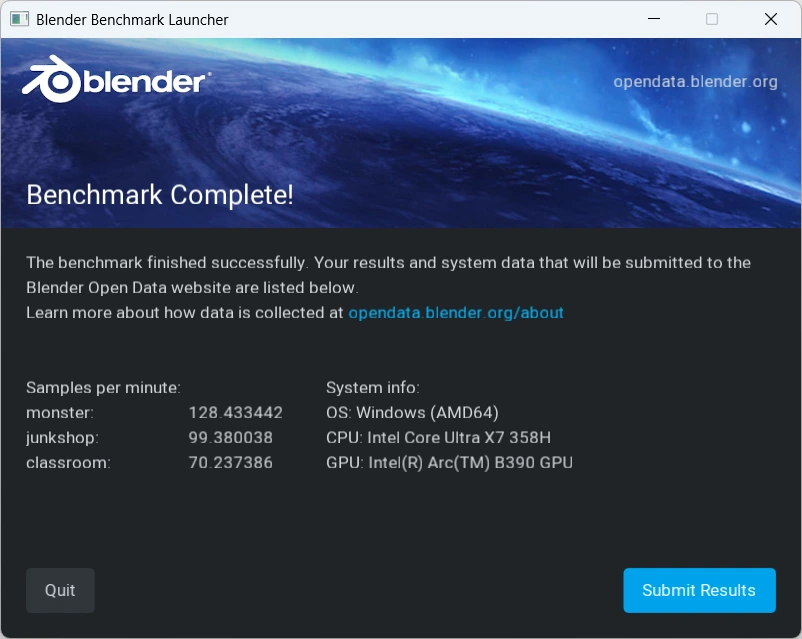 Asus NUC 16 Pro (Intel Core Ultra X7 358H) - Blender CPU