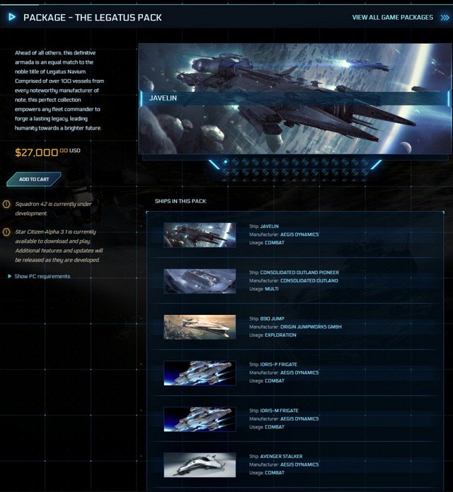 Star Citizen nabízí úhledný balíček v ceně 27.000 dolarů