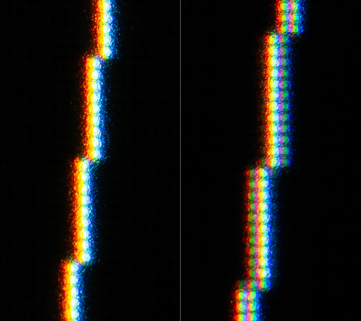 BenQ PD2730S - pixelová čára ve videu (4K 1:1 vlevo, 4K přehrávané na 5K vpravo)