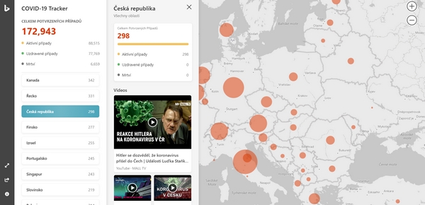Microsoft spustil interaktivní mapu nakažených koronavirem po světě