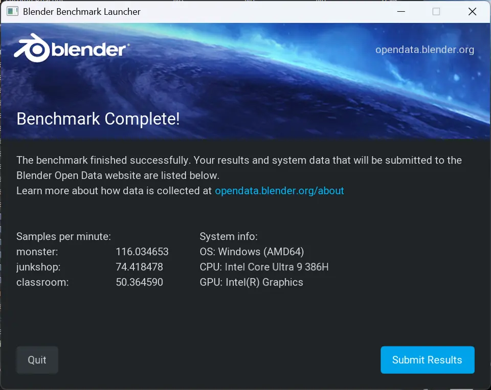 MSI Prestige 16 Flip AI+ (Intel Panther Lake / Core Ultra 9 386H): Blender CPU