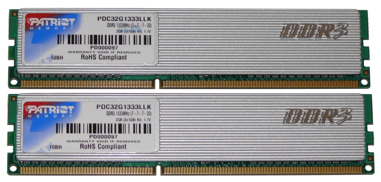 Patriot DDR3: PDC32G1333LLK (1333 MHz, 2x 1024 MB)