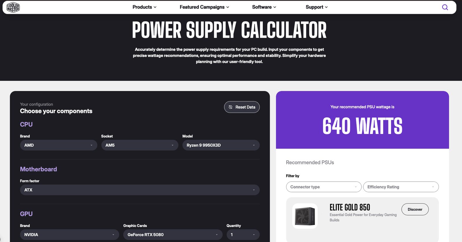 Chytrá kalkulačka od Cooler Master vám pomůže odhadnout potřebný výkon napájecího zdroje podle nároků vámi osazených komponent.