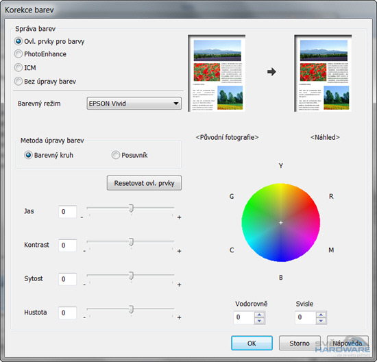 Epson L110 ovladače, korekce barev