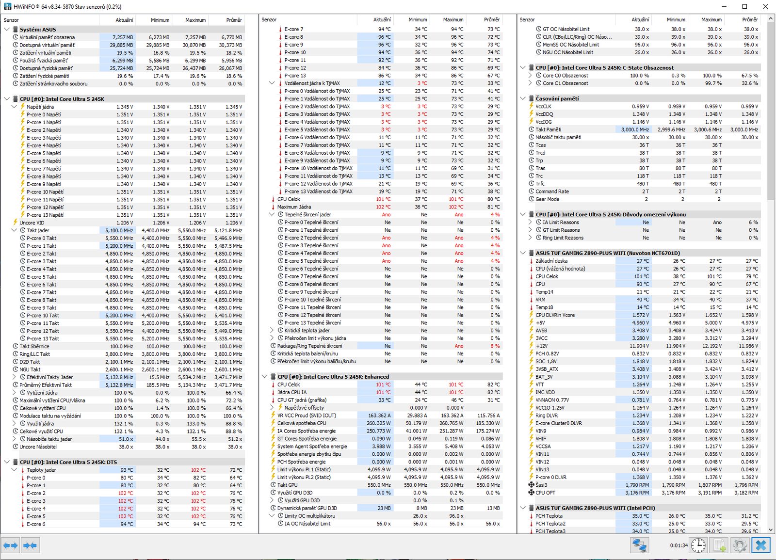 Teploty při 260wattové zátěži chladiče po minutě a půl