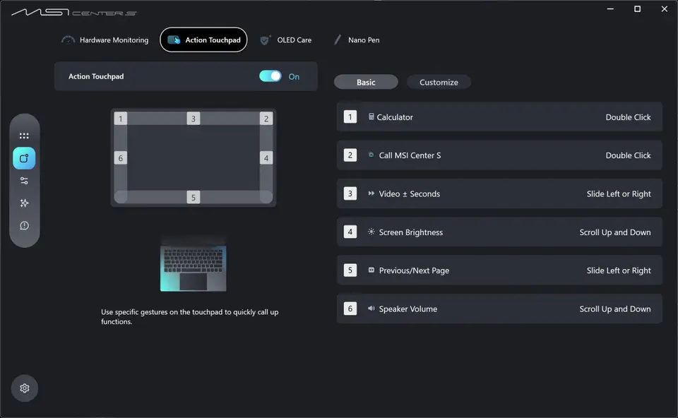 MSI Prestige 16 Flip AI+ (Intel Panther Lake / Core Ultra 9 386H): MSI Center S (Touchpad)