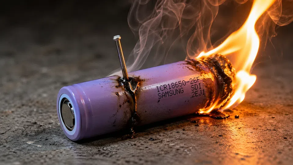 Hořící akumulátor 18650 (AI obrázek)