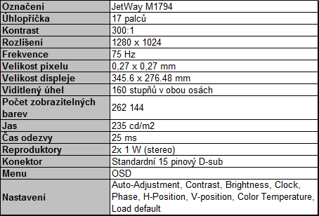 JetWay M1794 - LCD monitor za přijatelnou cenu