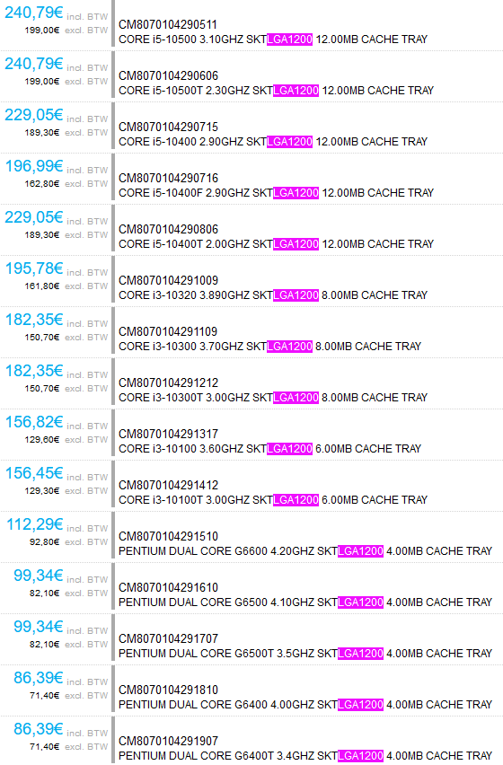 Holandský obchod uvedl ceny procesorů Intel Comet Lake-S