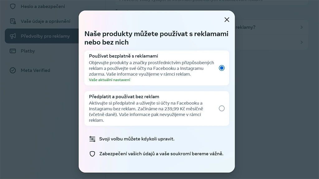 Facebook nabízí předplatné bez sledování pro účely reklamy, to ale vyjde na 240 Kč měsíčně