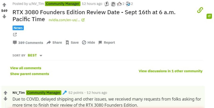 Recenze RTX 3080 dnes nebudou, NVIDIA prodloužila embargo