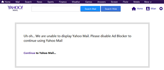 Yahoo! Mail blokuje e-mailovou schránku pokud blokujete reklamy