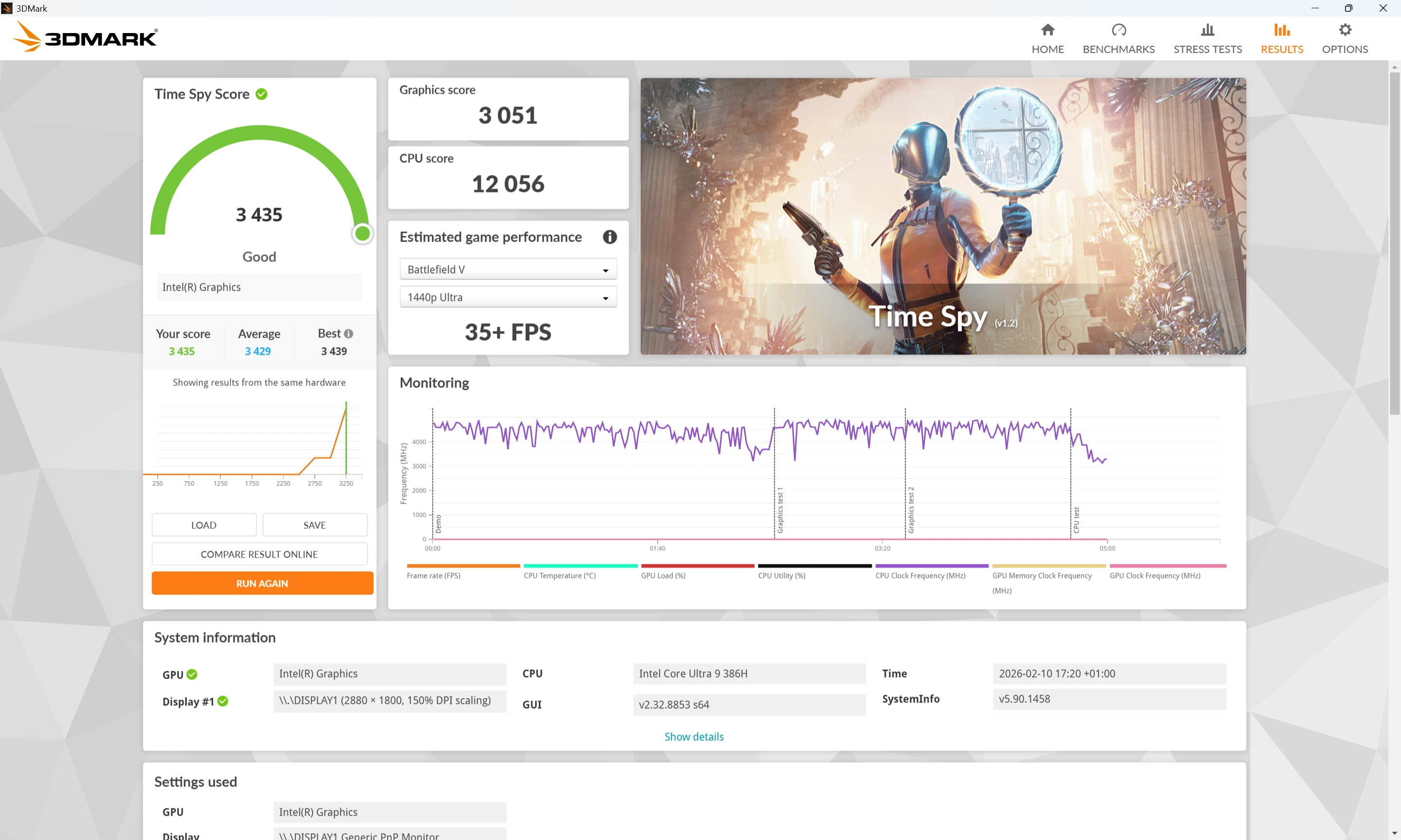 MSI Prestige 16 Flip AI+ (Intel Panther Lake / Core Ultra 9 386H): 3DMark Time Spy