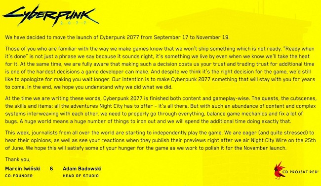Cyberpunk 2077 opět zpožděn, nové datum vypuštění spadá do listopadu