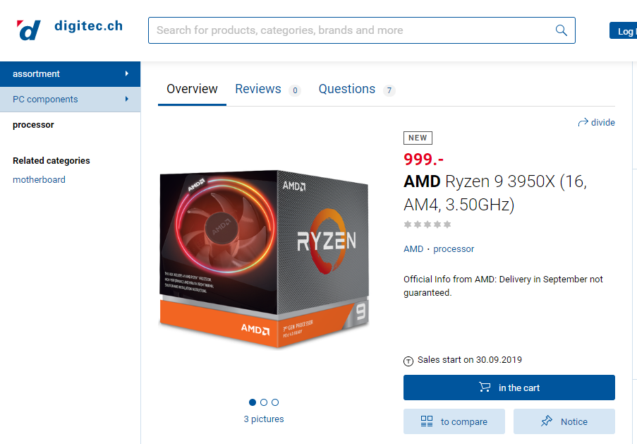16jádrový Ryzen 9 3950X se objevil v obchodě, kdy dorazí?