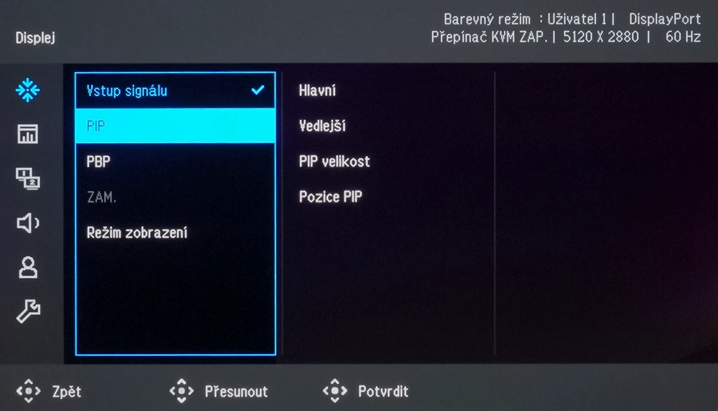 BenQ PD2730S OSD vstupy (PIP, PBP)