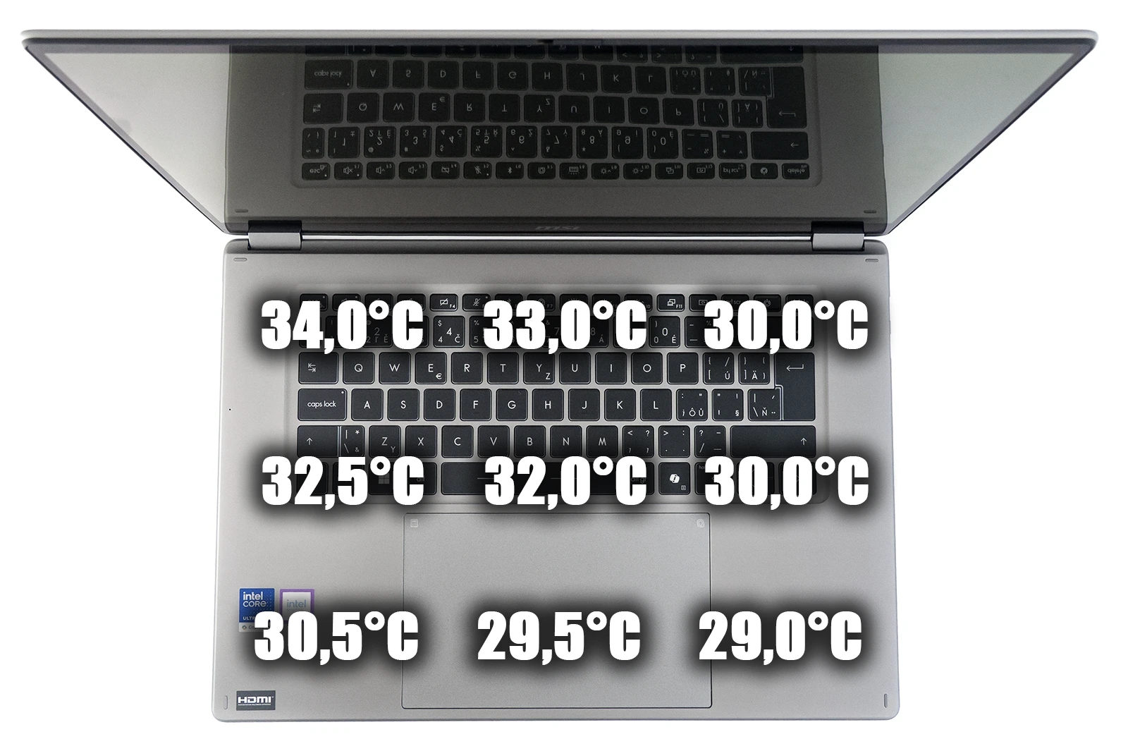 MSI Prestige 16 Flip AI+ (Intel Panther Lake / Core Ultra 9 386H): Teploty při klidné práci (režim ECO-Silent)