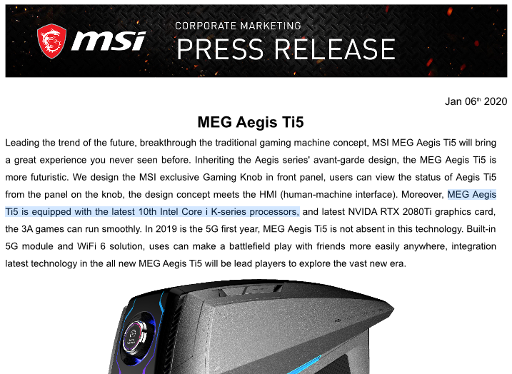 Intel zatím Comet Lake-S nepředstavil, zmínilo je však MSI