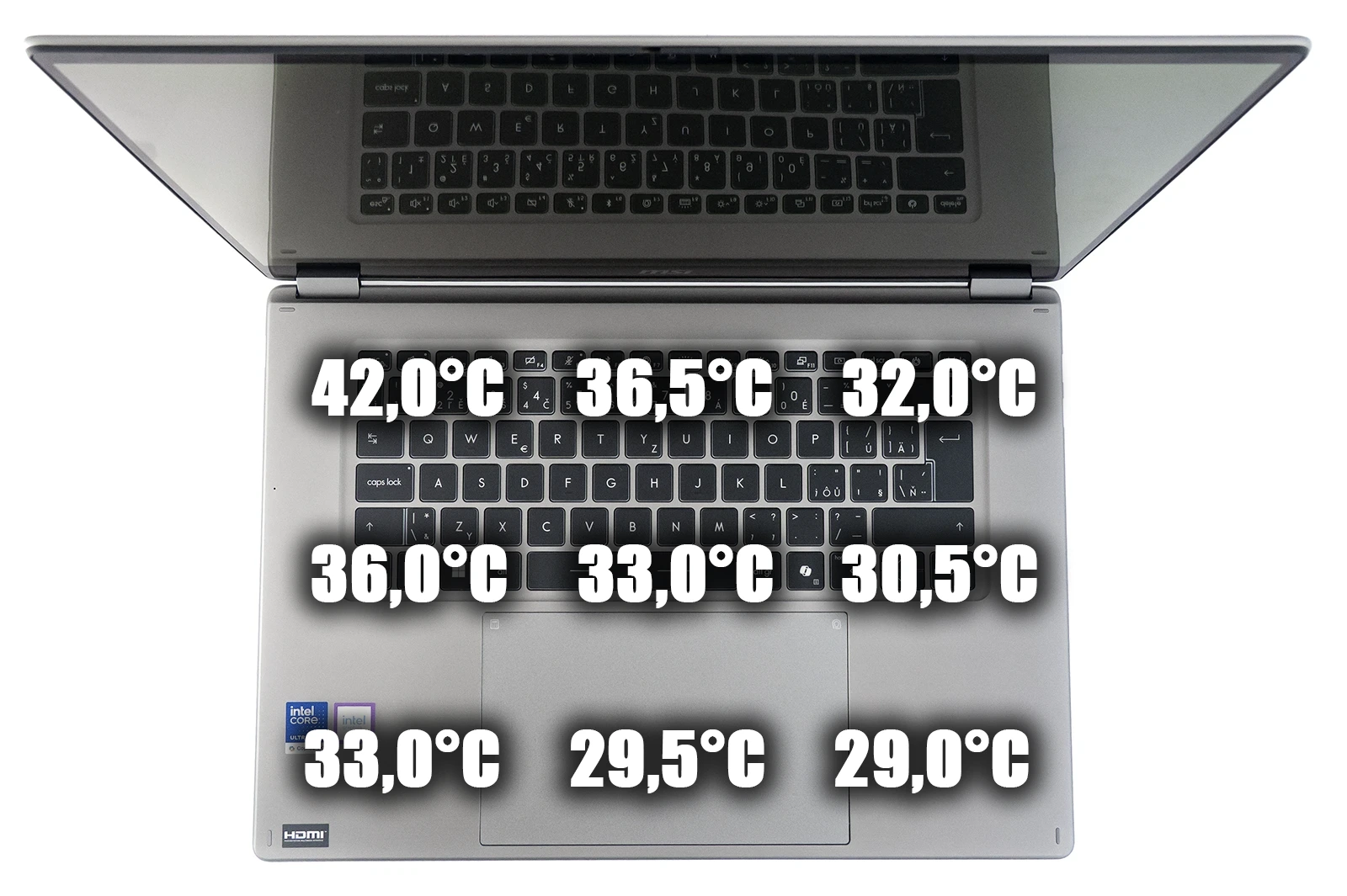 MSI Prestige 16 Flip AI+ (Intel Panther Lake / Core Ultra 9 386H): Teploty při zátěži (režim ECO-Silent)