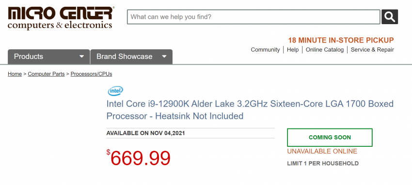 Core i9-12900K spatřen na MicroCenter za 670 USD