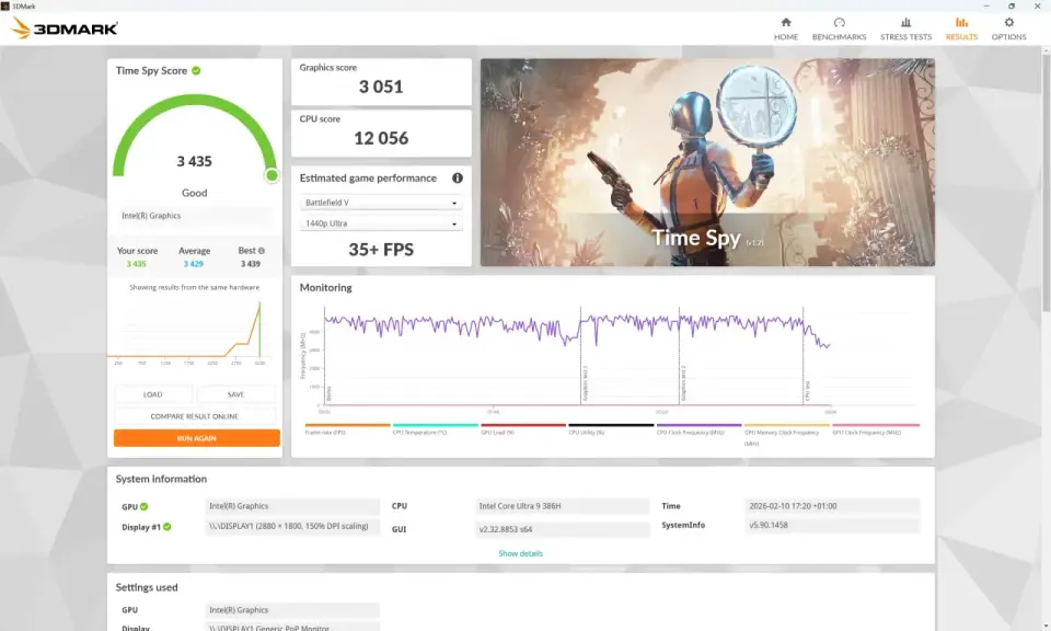 MSI Prestige 16 Flip AI+ (Intel Panther Lake / Core Ultra 9 386H): 3DMark Time Spy
