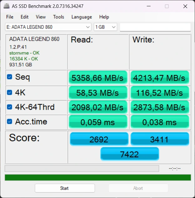 Adata Legend 860 1TB - AS SSD Benchmark