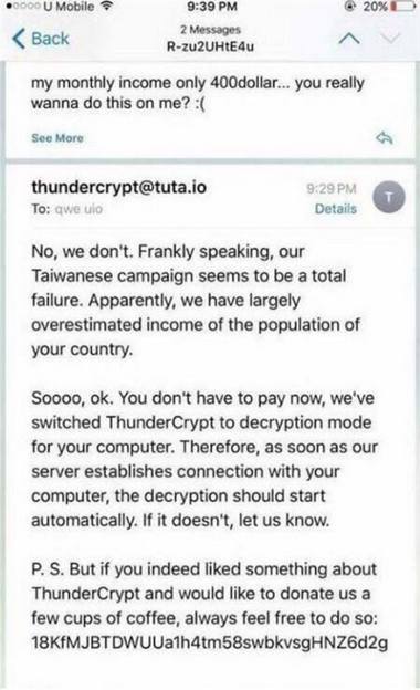 I počítačoví vyděrači mají slitování, ThunderCrypt asi nechá Tchaj-wan být