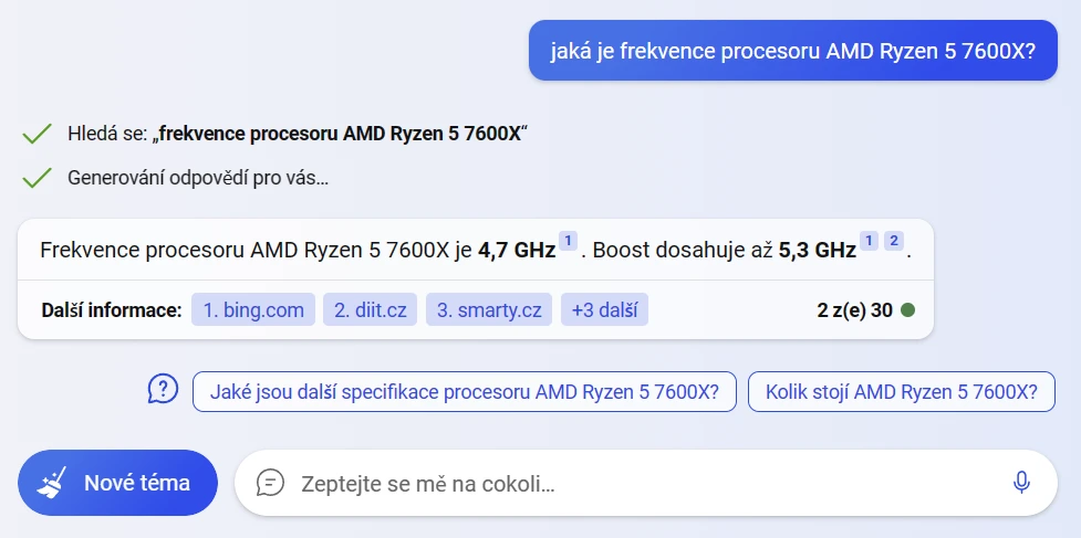 AMD Ryzen 5 7600X odpověď Bingu
