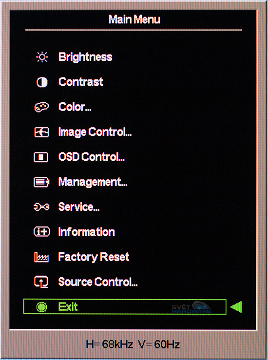 HP Pavilion 23xi podoba OSD menu