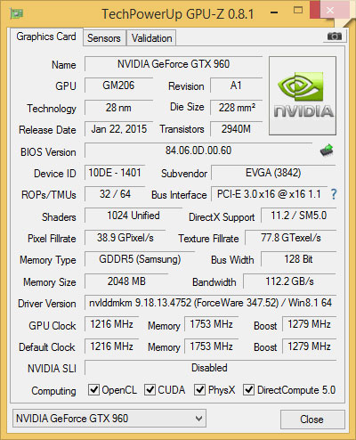 EVGA GTX 960 SC GPU-Z