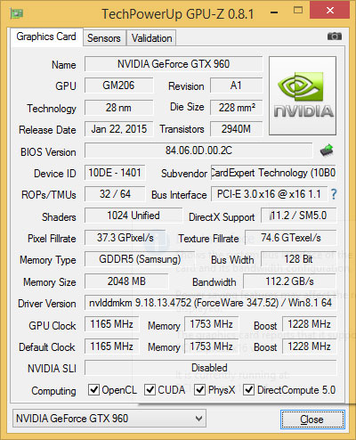 Gainward GeForce GTX 960 OC GPU-Z