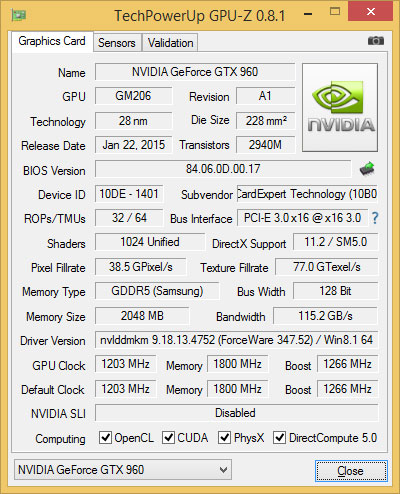 Gainward GeForce GTX 960 Phantom GPU-Z