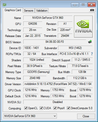 MSI GTX 960 Gaming GPU-Z